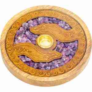 Healing Hands w/ Amethyst Inlay Laser Etched Wood Round Incense Holder
