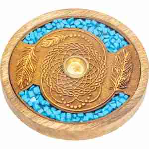 Dream Catcher w/ Turquoise Inlay Laser Etched Wood Round Incense Holder