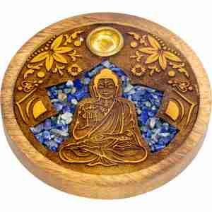 Buddha w/ Sodalite Inlay Laser Etched Wood Round Incense Holder