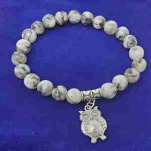Black Sesame Gemstone Bracelet w/Owl Charm w/ Velvet Bag