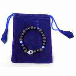 Evil Eye, Lava Beads & Hamsa Metal Bead Gemstone Bracelet w/ Velvet Bag