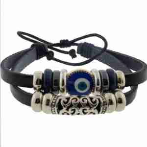 Leather Protection Bracelet Evil Eye - Black w/ Filigree