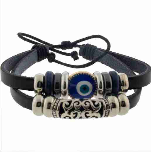 Leather Protection Bracelet Evil Eye - Black w/ Filigree